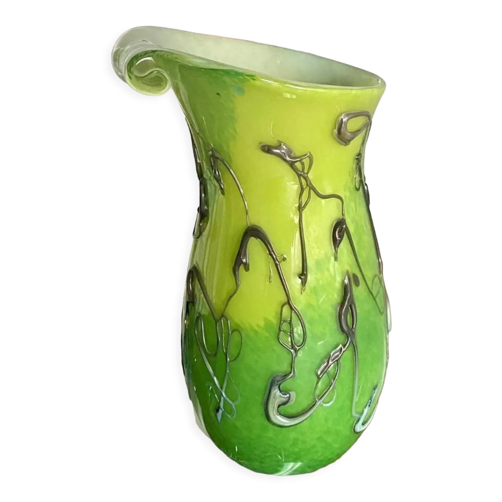 1295 Murano, Vase En Verre Soufflé De Murano Fait à La Main Cristal Turquoise Feuille Dor 24k