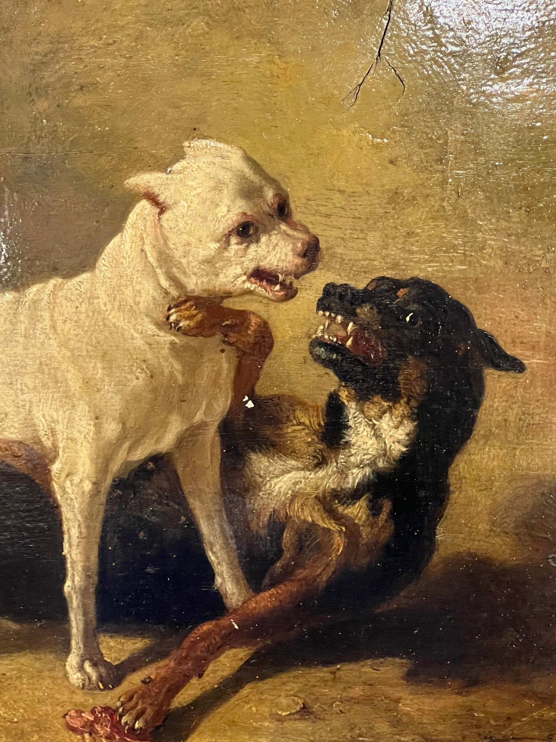 Jean Baptiste Louis Guy? Oil on panel, two bulldogs fighting