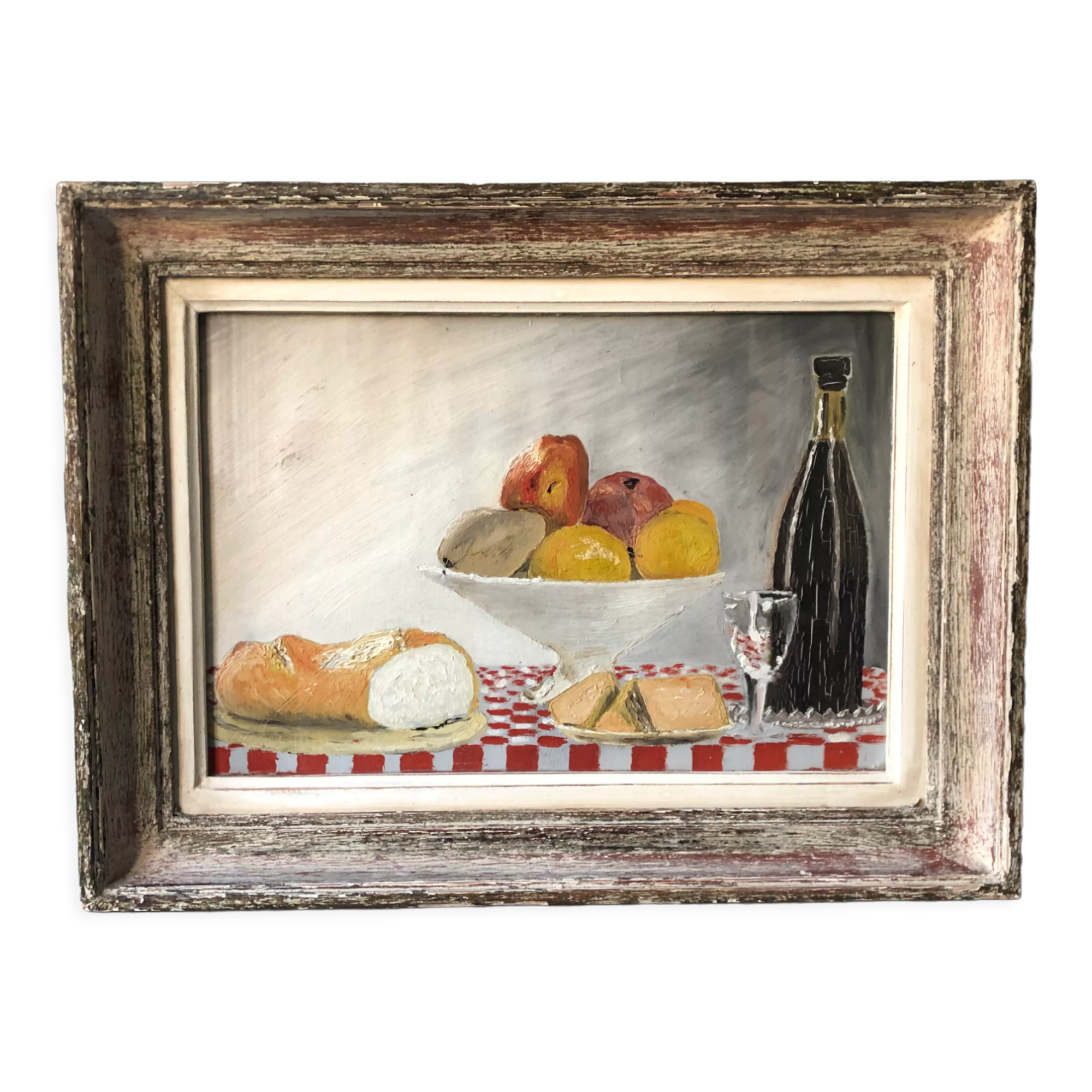Old painting oil painting still life bread fruit cup cheese glass bottle champagne
