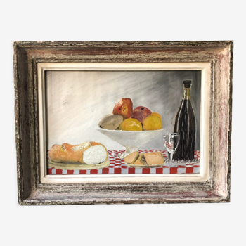 Old painting oil painting still life bread fruit cup cheese glass bottle champagne