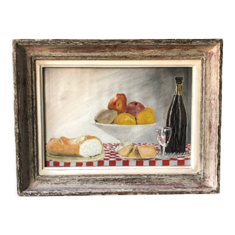 Old painting oil painting still life bread fruit cup cheese glass bottle champagne