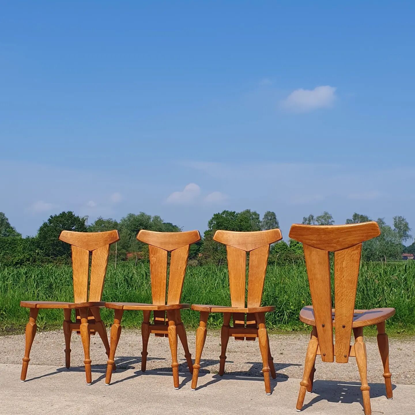 Set 4 Brutalist sculptural vintage oak cafe dining chair 1960s