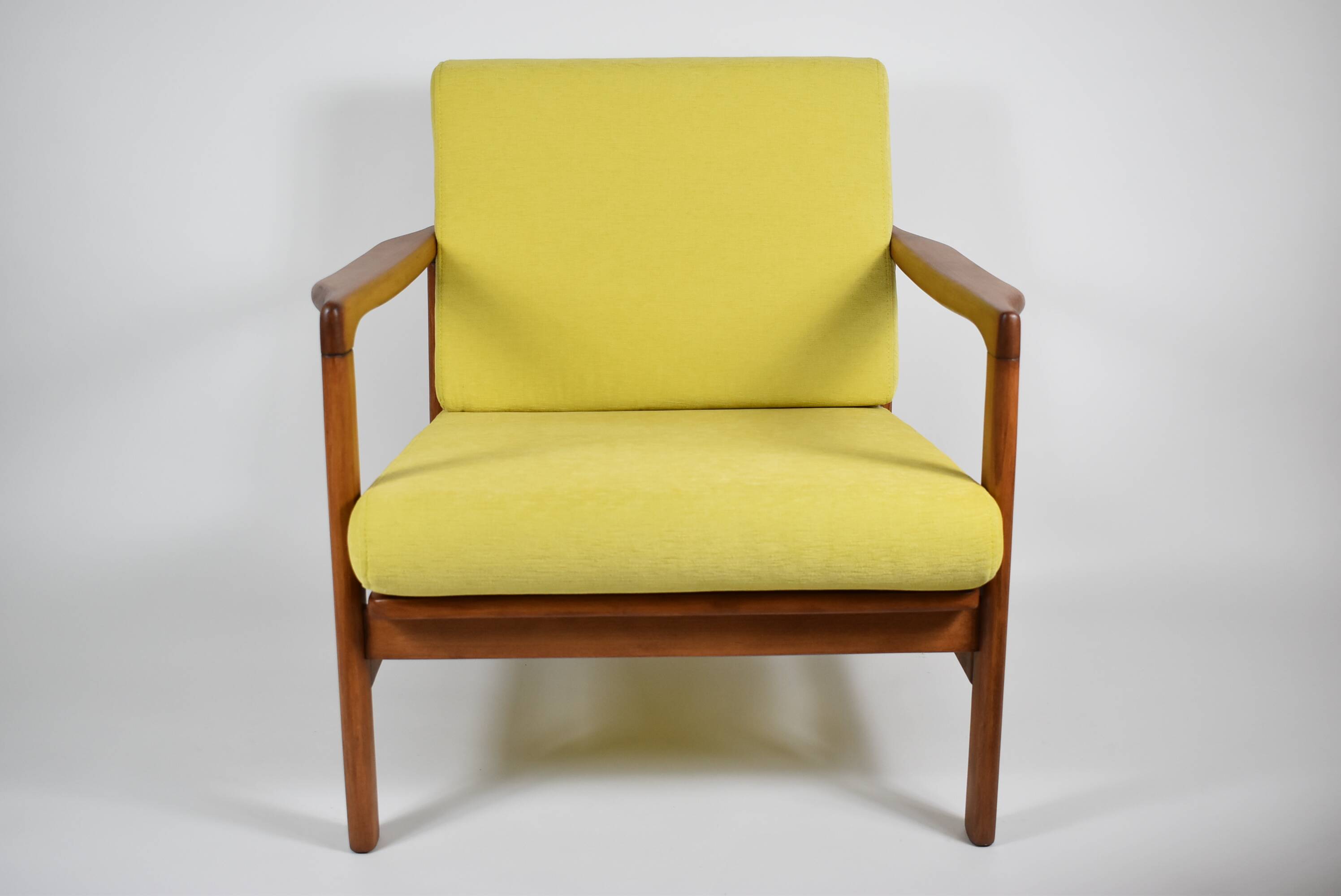 Scandinavian restored armchair, original 60s icon, yellow, teak