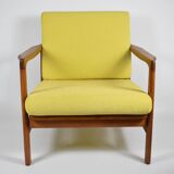 Scandinavian restored armchair, original 60s icon, yellow, teak