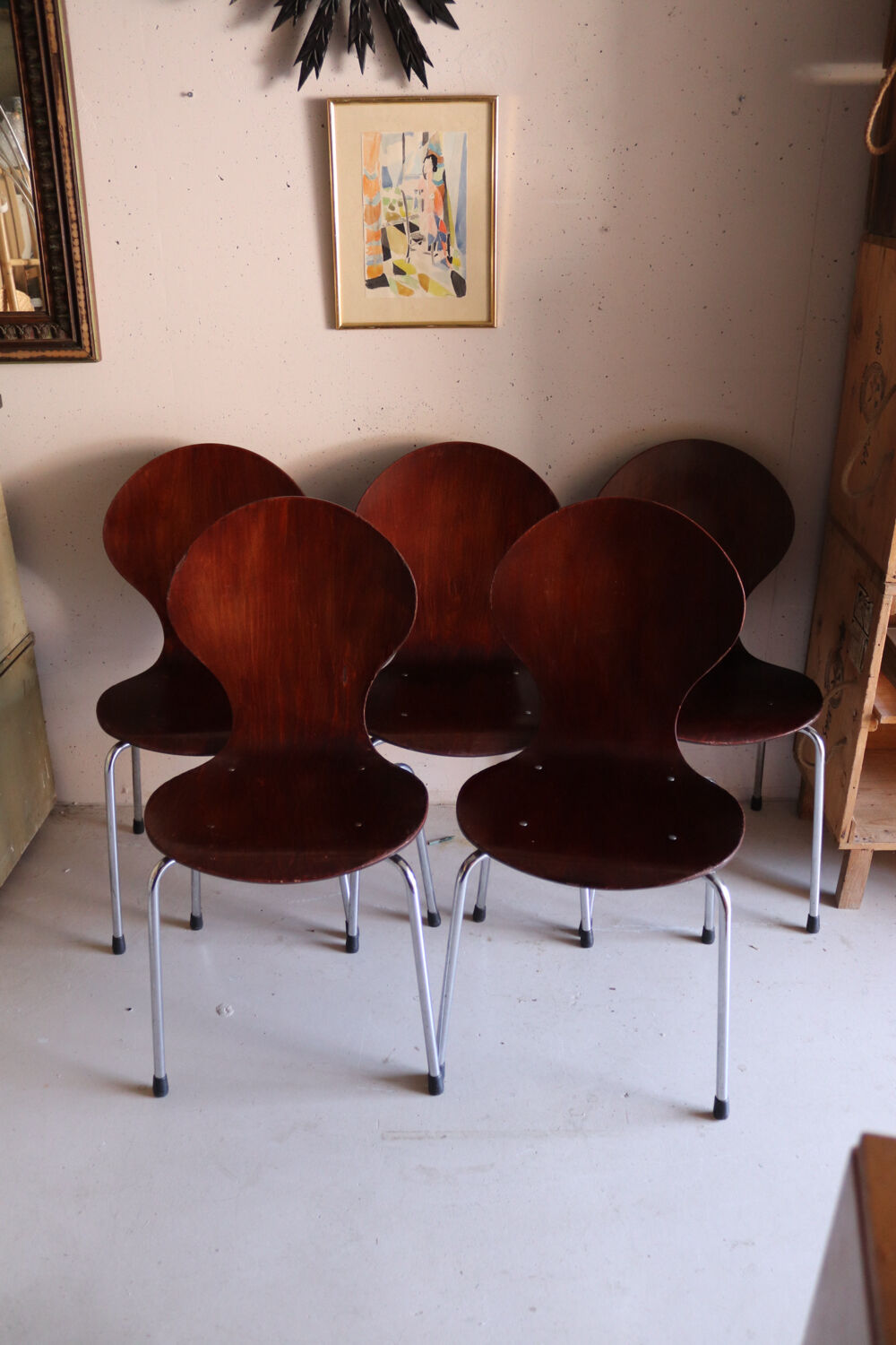 5 chaises style fourmi en contreplaqué moulé et métal chromé, esprit s