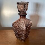 Carafe a whisky liqueur ancienne + bouchon en verre moulé brun vintage