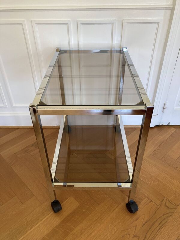 Desserte roulettes chrome et verre fumé années 80