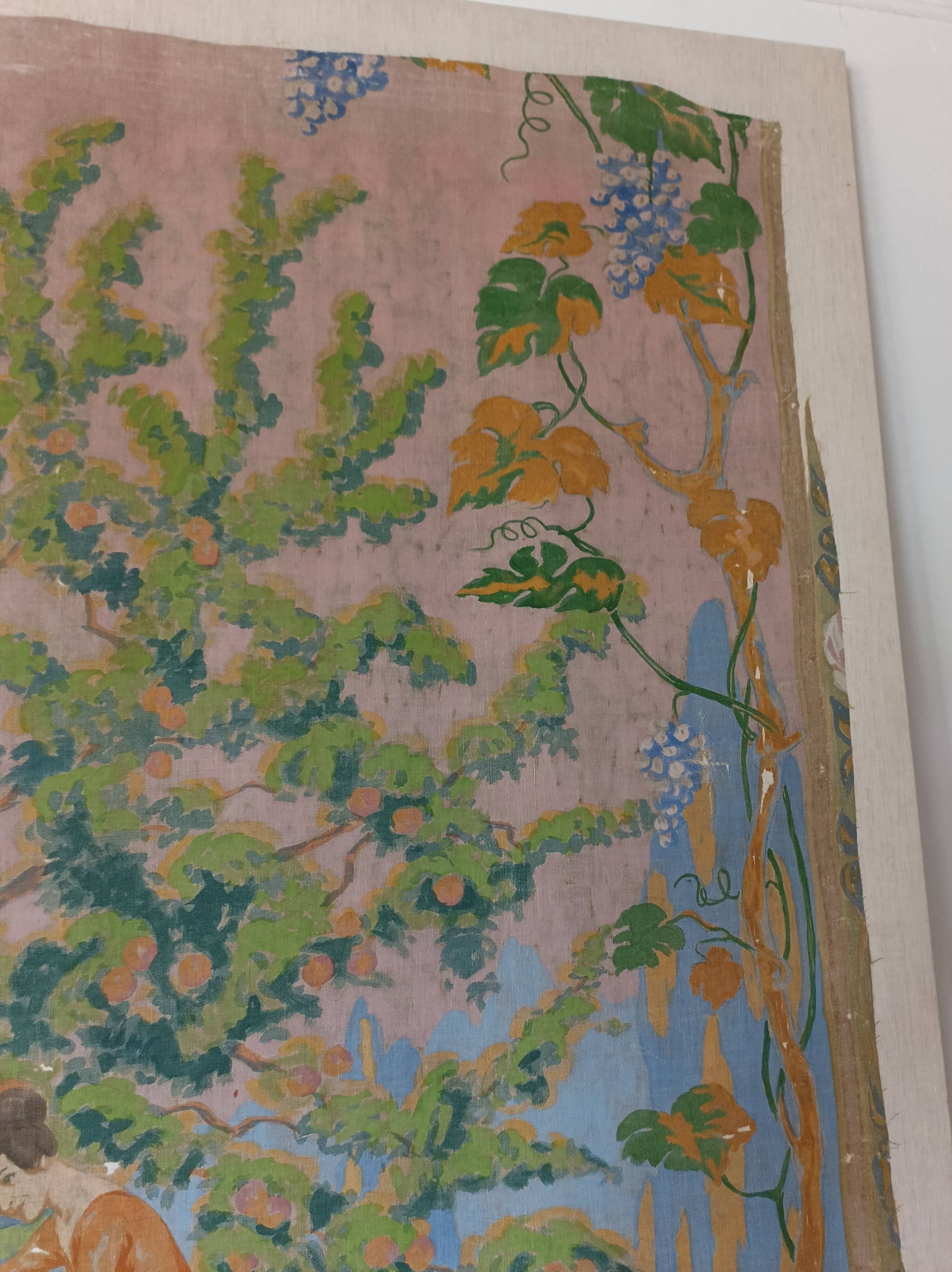 Large painting on canvas from the 20th century mounted on a frame - rural scene.