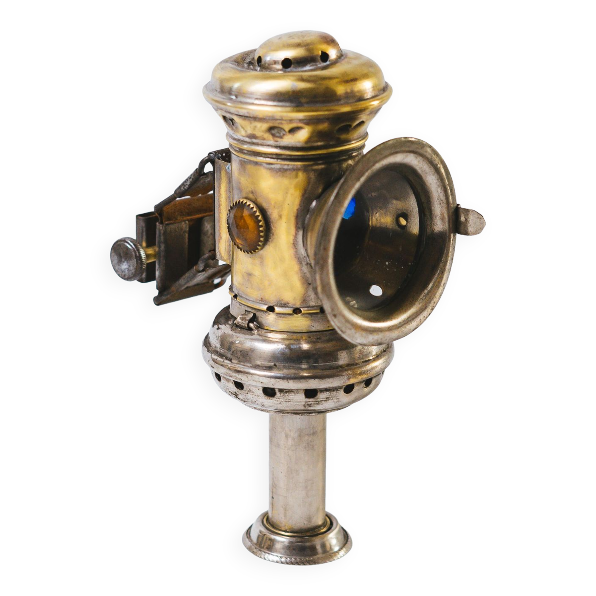 1900s brass bike lamp and original glasses