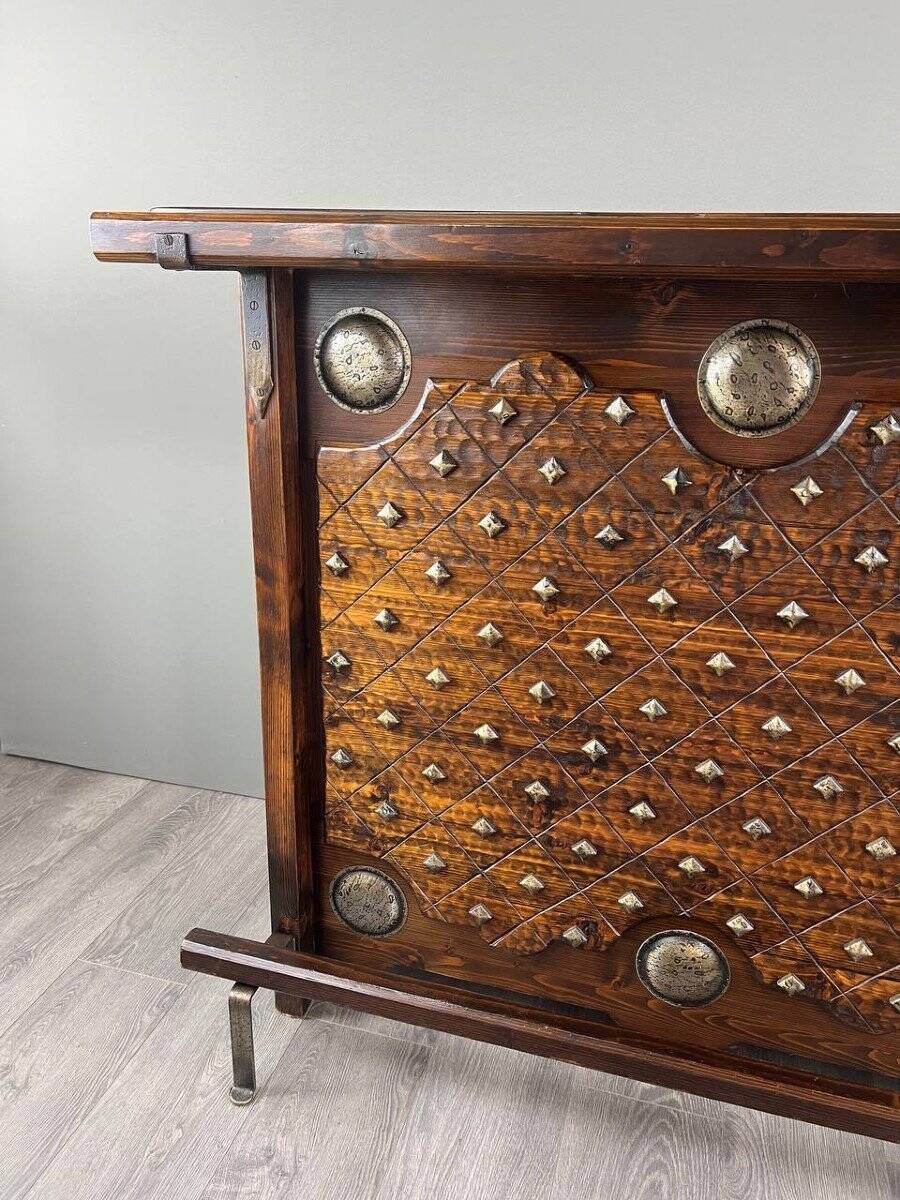 Rustic Carved Wooden Bar with Stools and Wine Chest, 20th Century