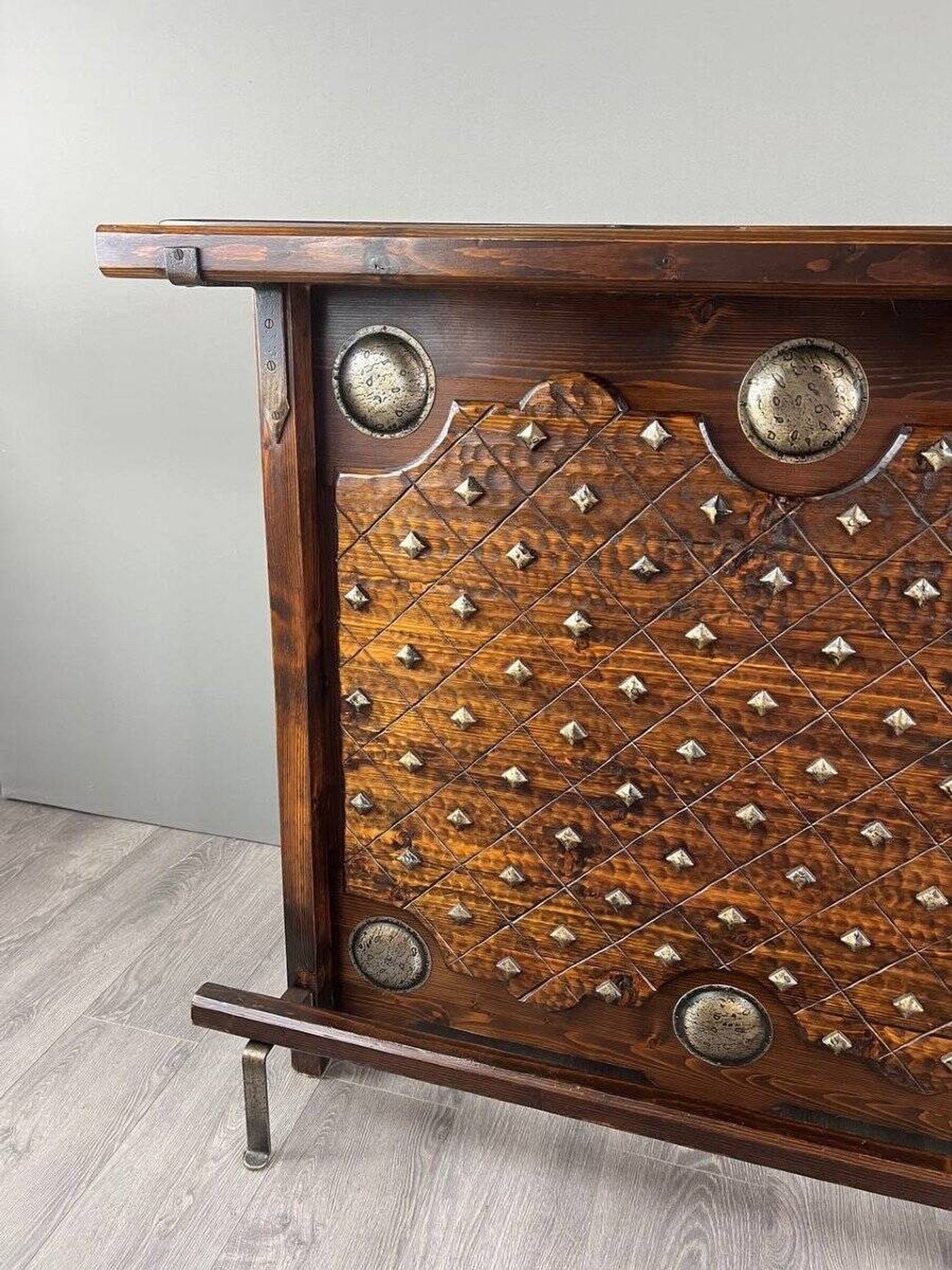 Rustic Carved Wooden Bar with Stools and Wine Chest, 20th Century
