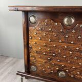 Rustic Carved Wooden Bar with Stools and Wine Chest, 20th Century