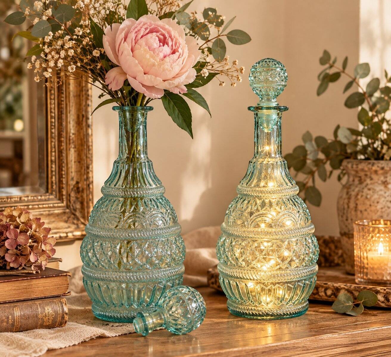 Pair of cut blown glass carafes in blue-green from the 19th century.