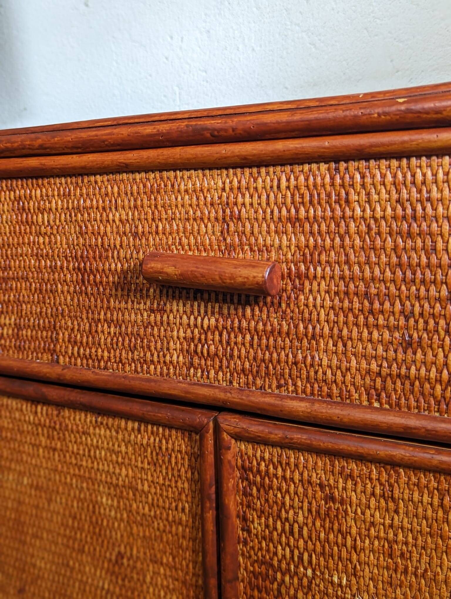 Rattan chest of drawers with one large drawer and two hinged doors - mahogany color