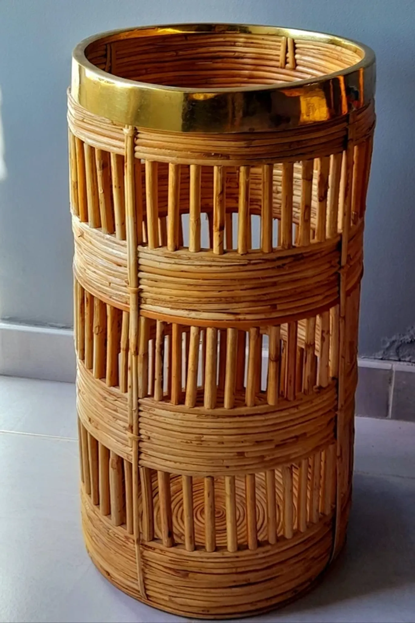 Brass and rattan umbrella stand 1970