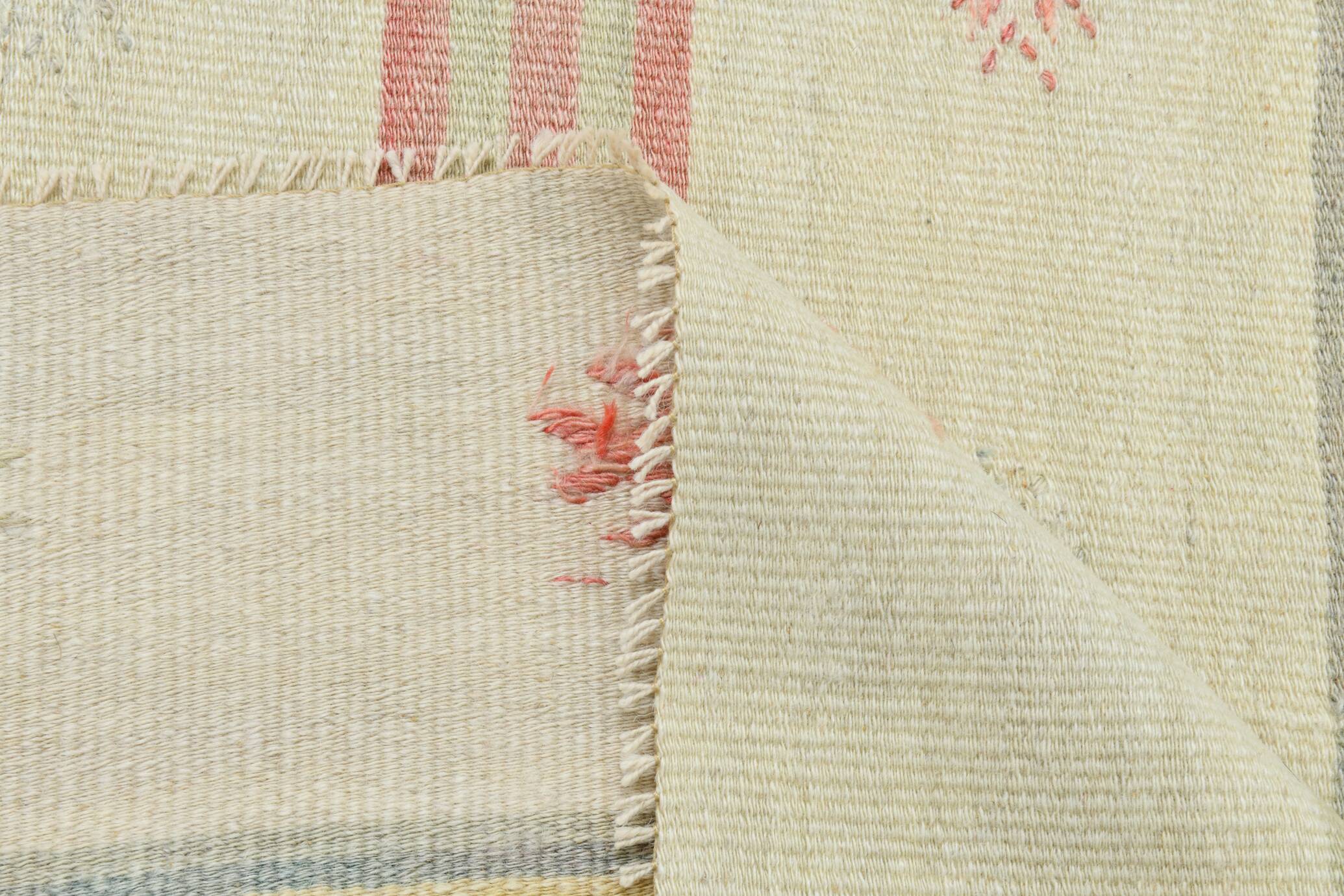 4x4 Cream Pale Red Square Vintage Kilim Rug, 136x142Cm