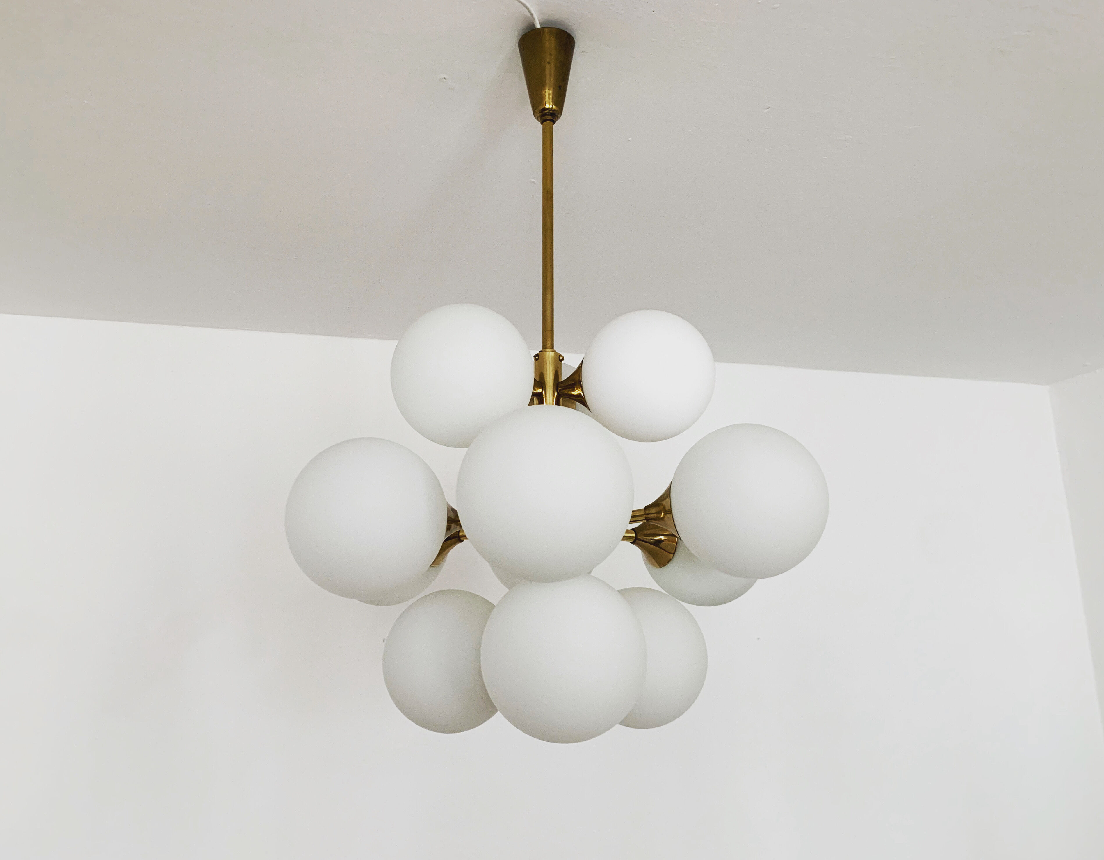 Mid-Century Modern brass and opaline glass Sputnik chandelier