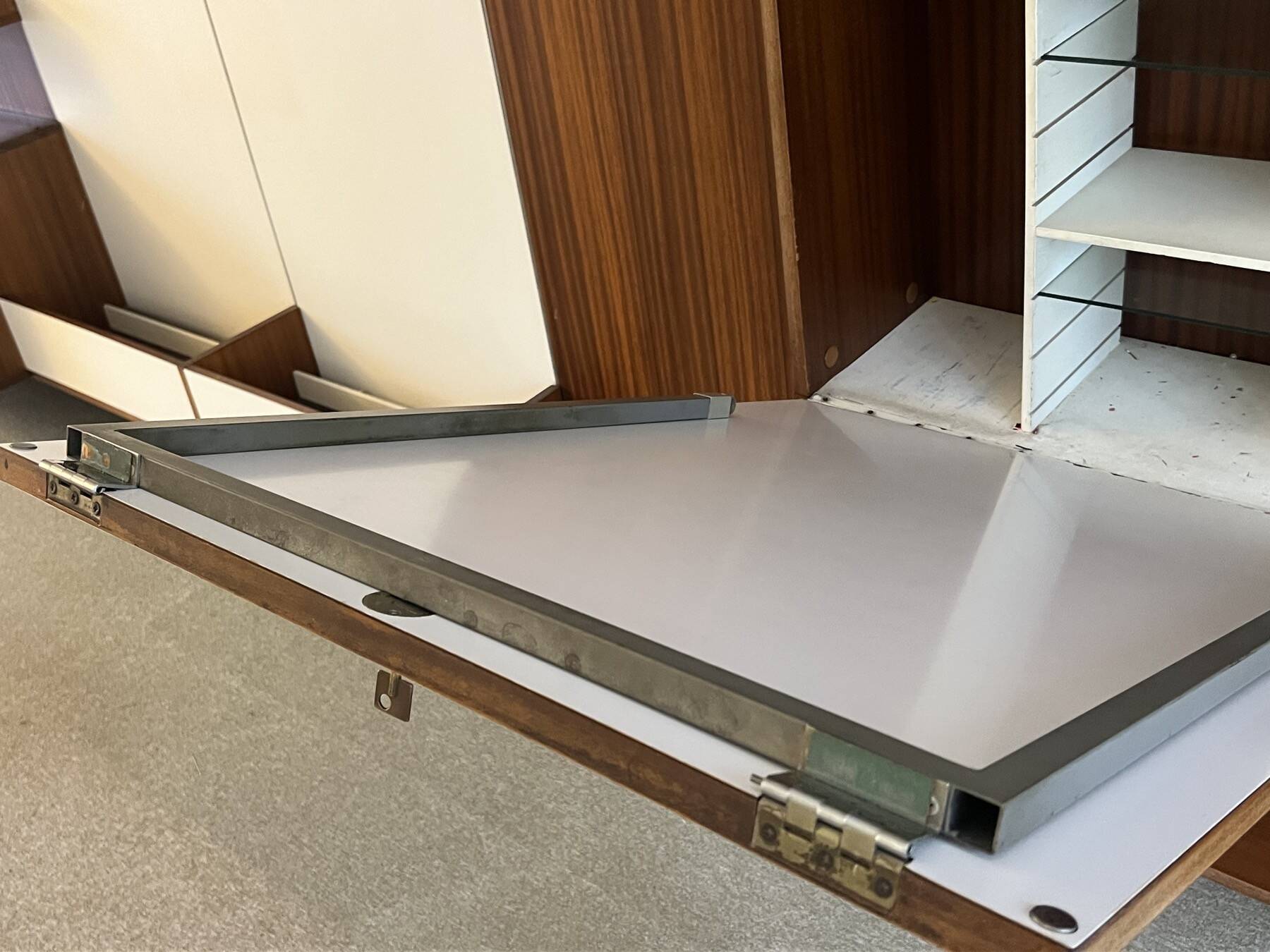 Modular Wall System in Wood Veneer, White Laminate, Glass and