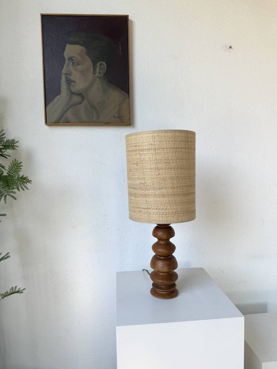 1950s turned oak wood table lamp