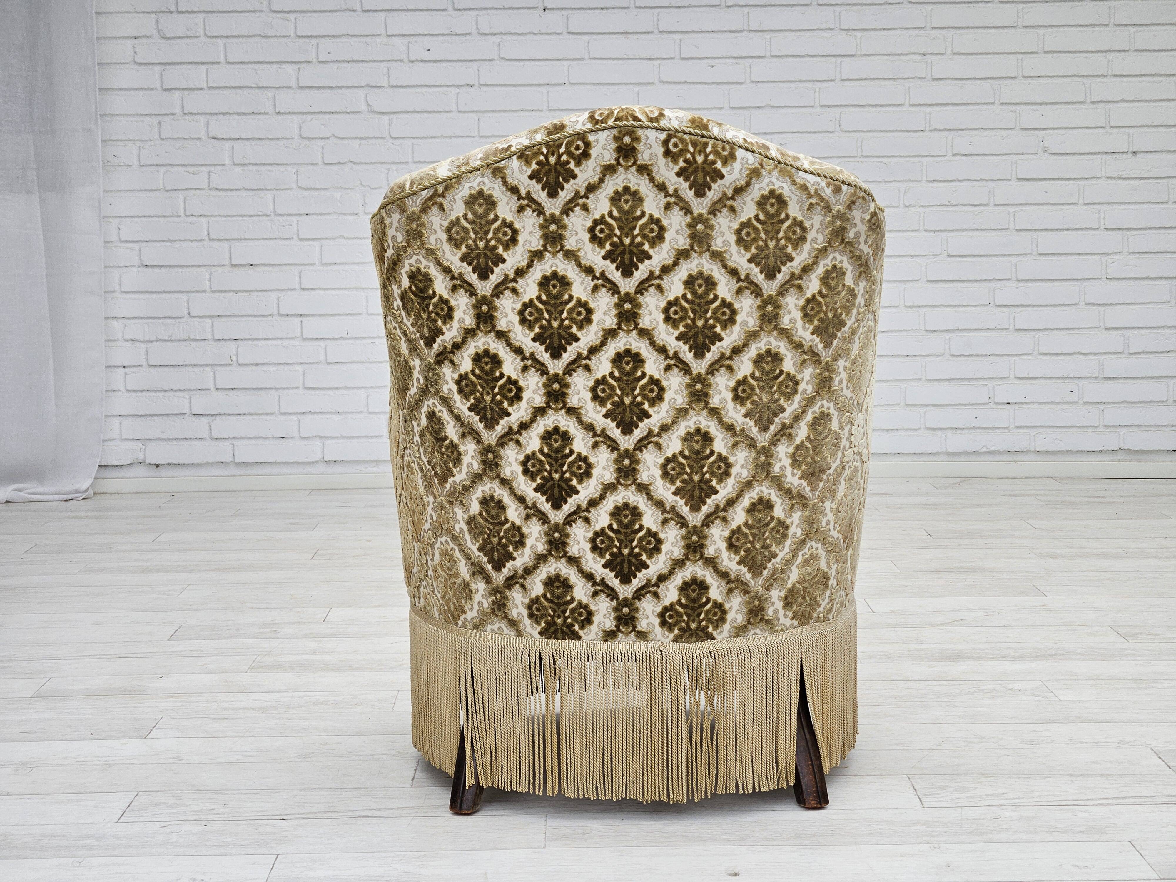 1950s, Danish lounge chair, furniture velour, ash wood legs.