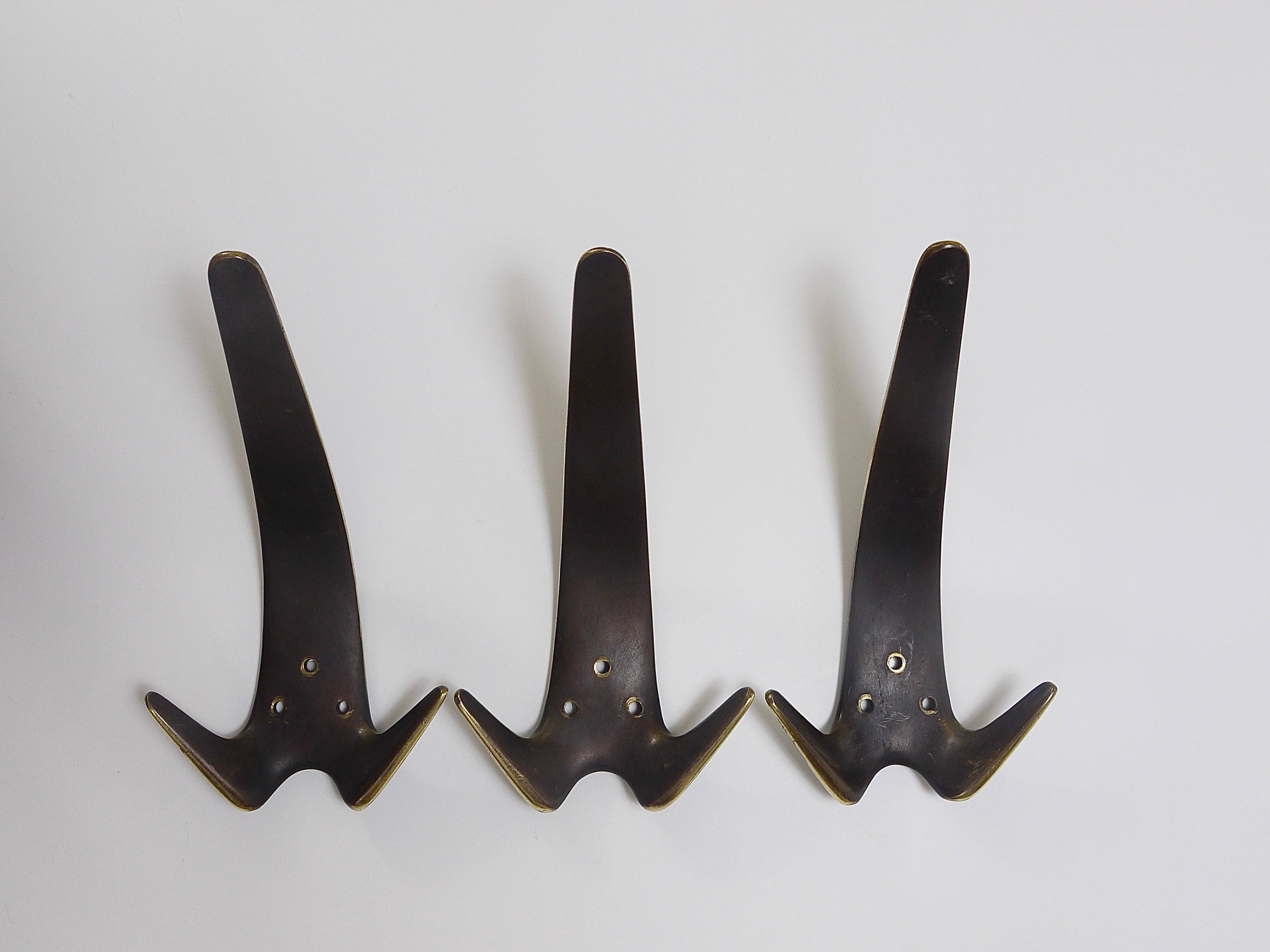 Carl Aubock Two large double wall hooks in brass #4056, Austria, 1950s