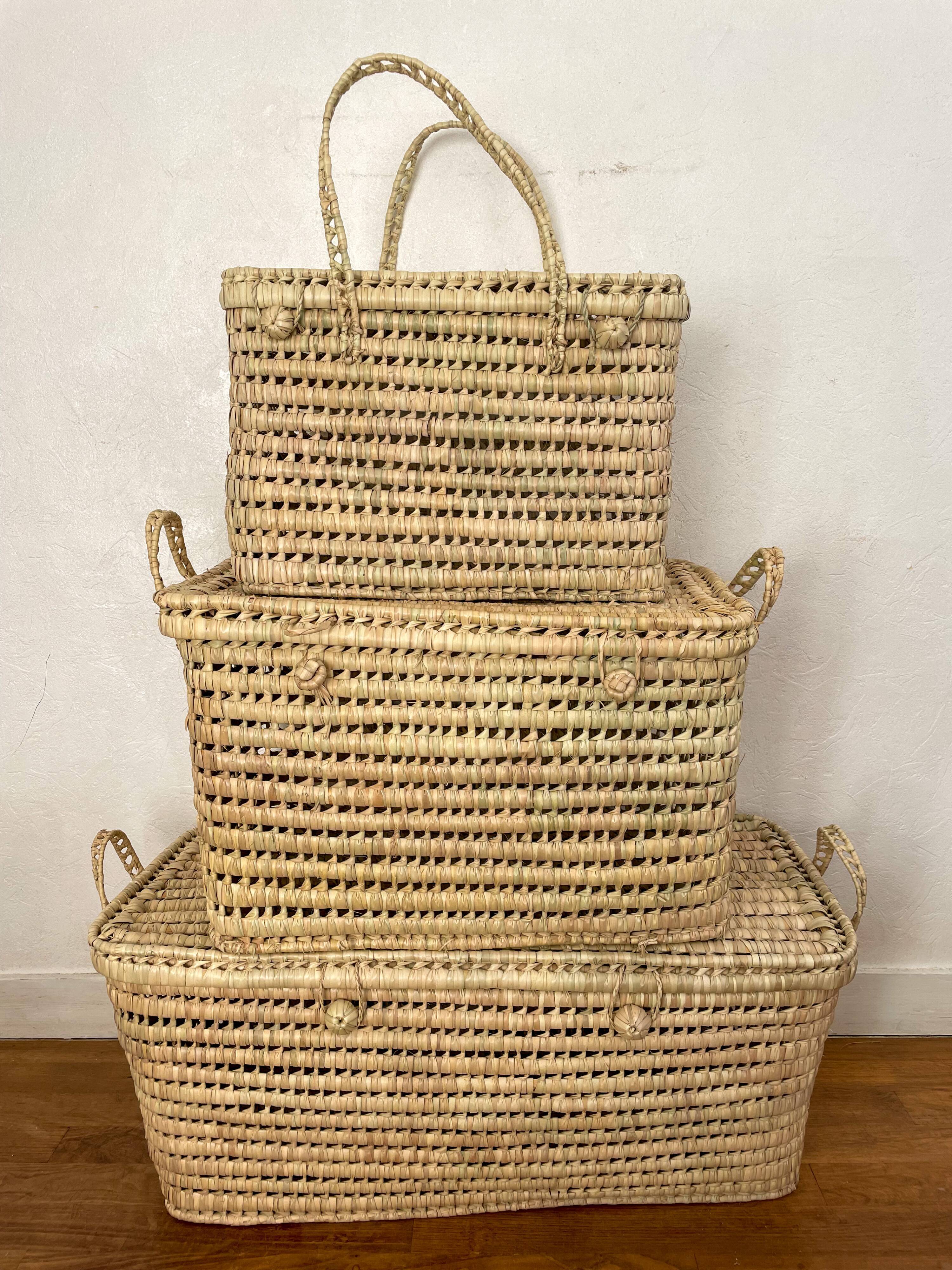 Coffre de rangement malle en doum tressé fait-main fibres naturelles