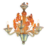 Venetian chandelier, in blue and red Murano glass, five light arms, circa 1950