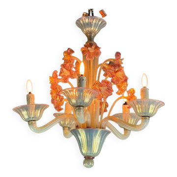 Lustre vénitien, en verre de Murano bleu et rouge, cinq bras de lumière, vers 1950