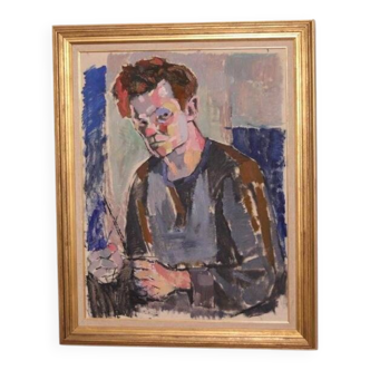 Original XL Swedish oil on canvas – portrait by Pär Thorell – dated 1955 – vintage & framed – 93 × 76 cm
