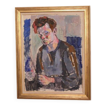 Huile sur toile XL suédoise originale – portrait par Pär Thorell – daté de 1955 – vintage et encadré – 93 × 76 cm