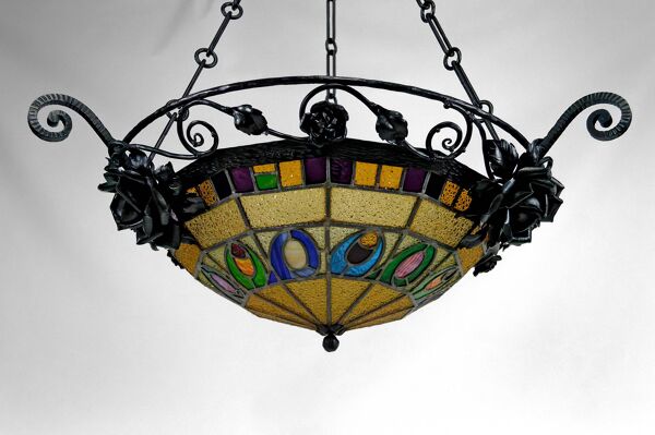 Lustre Art Déco en fer forgé par Augustin Louis Calmels, France, Circa 1920