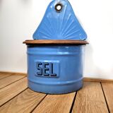 Old salt box in blue enameled sheet metal