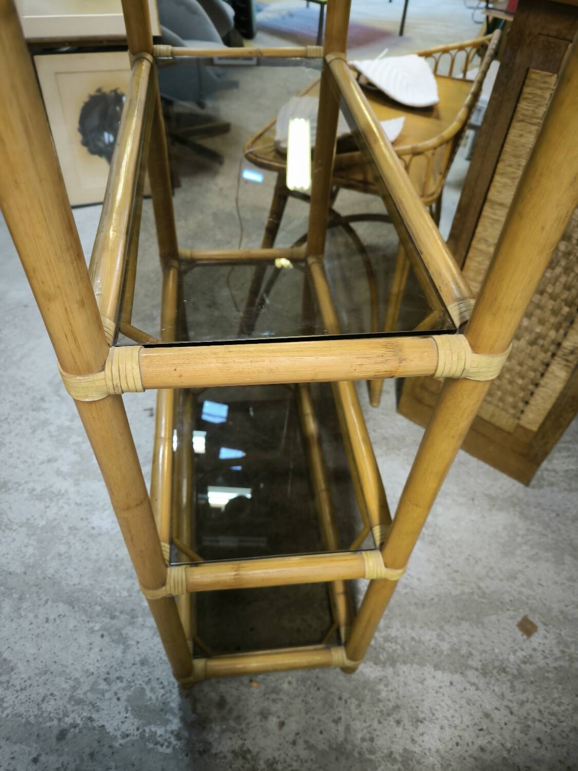 Bamboo and smoked glass bookcase, circa 1970