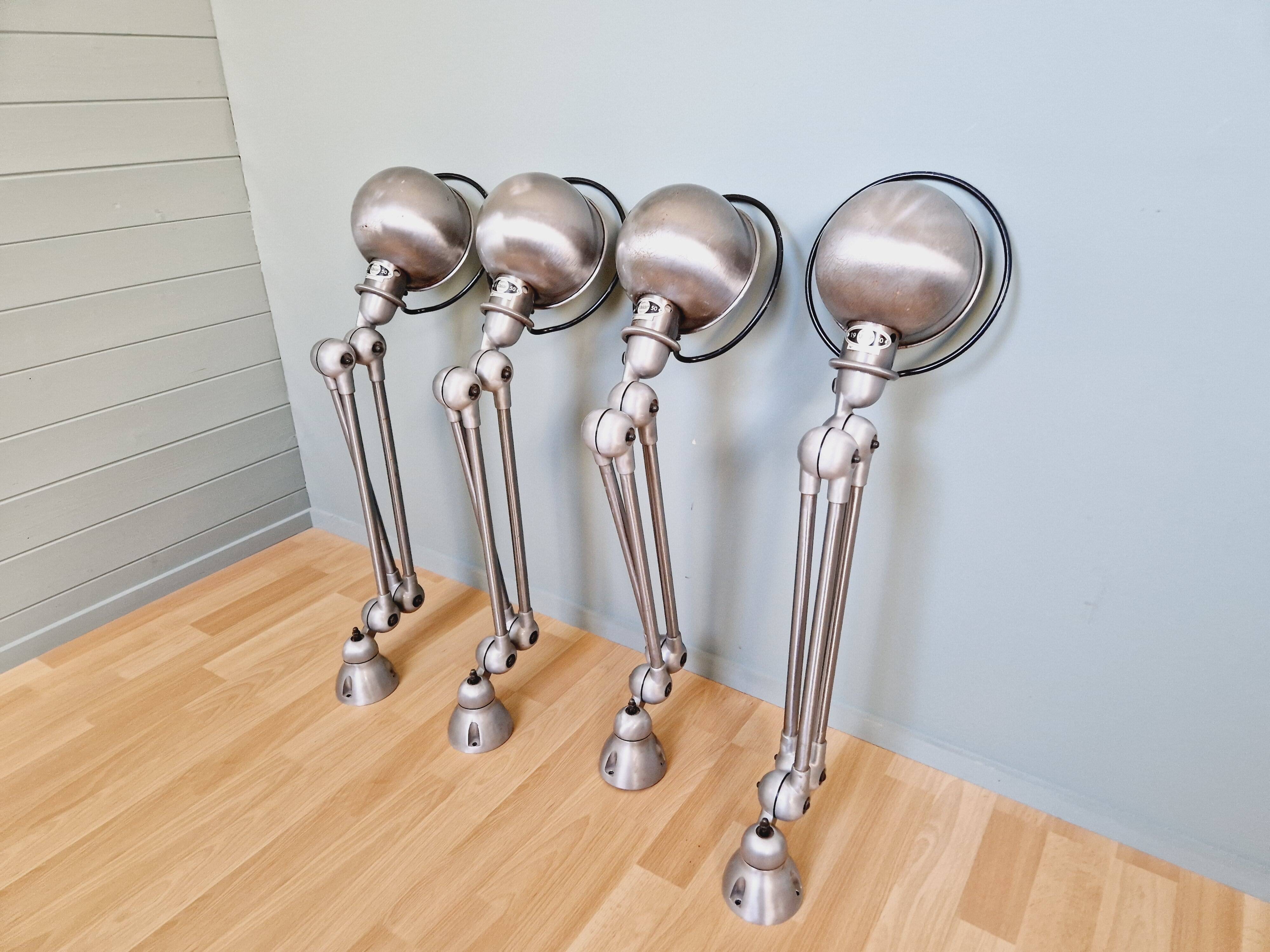 Set of 4 Jieldé industrial lamps in brushed steel, 3 arms