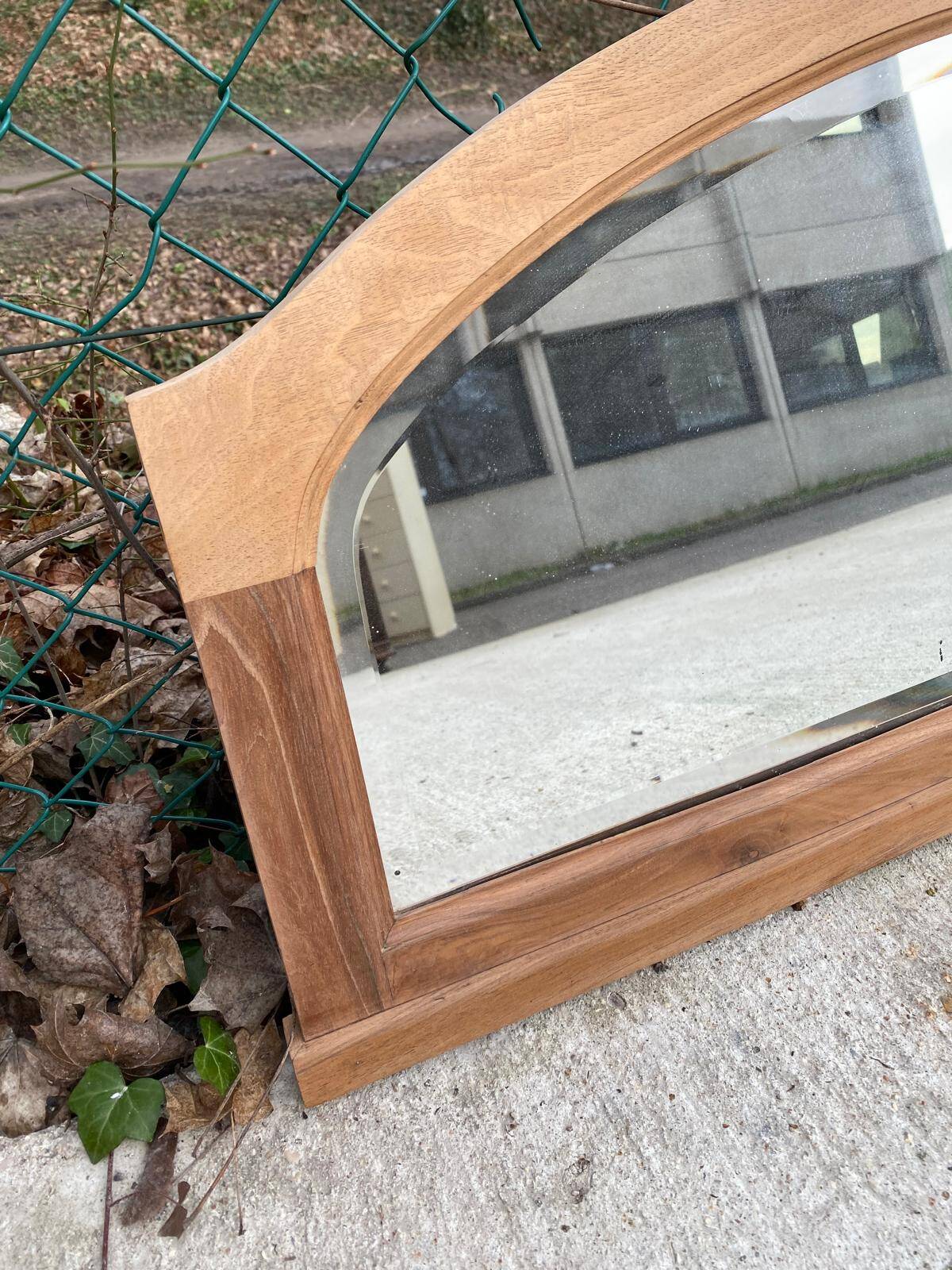 Art Deco mirror in carved arch renovated in solid raw oak wood 112cm
