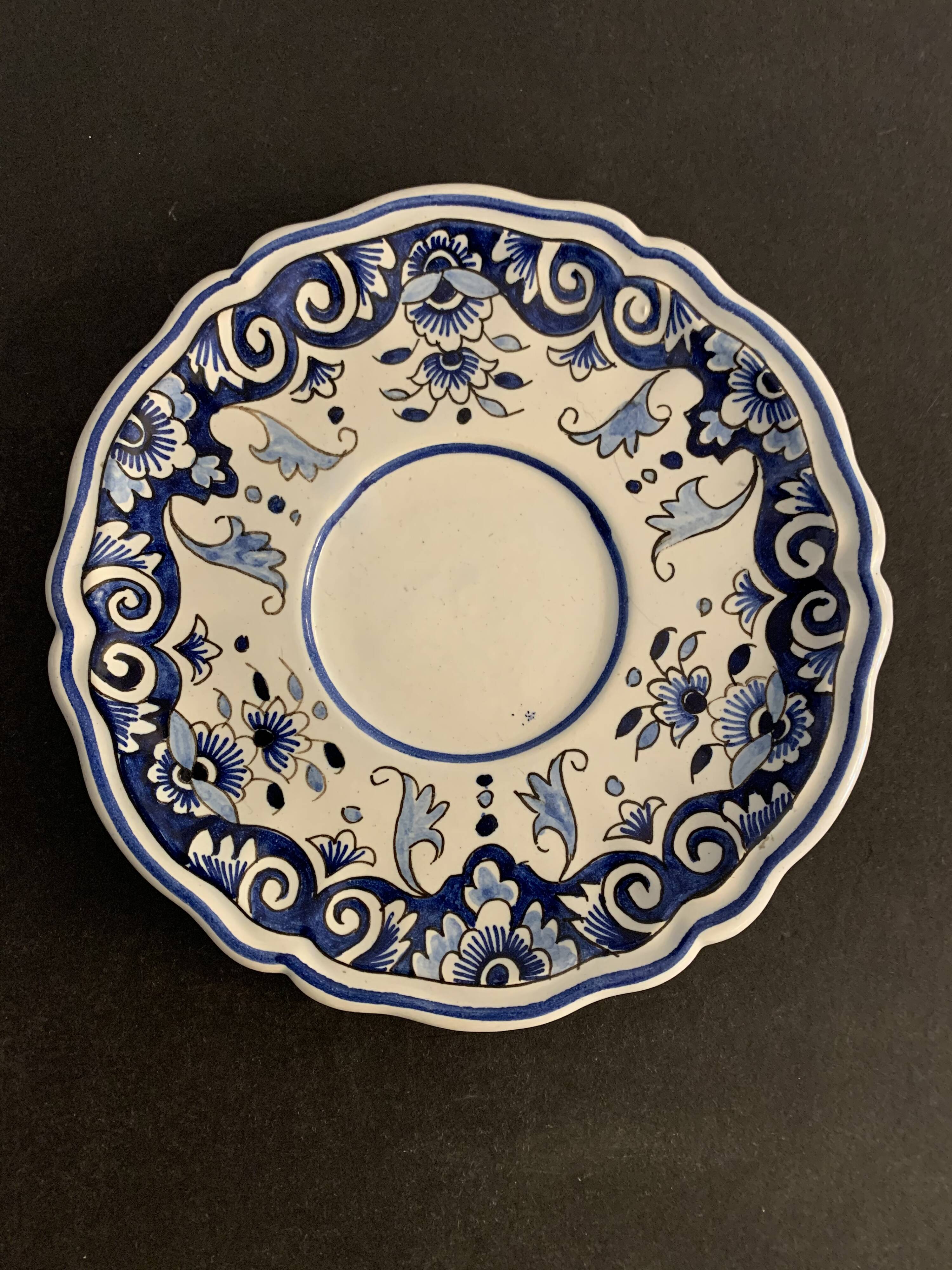 Old mustache cup and its under cup, Rouen earthenware