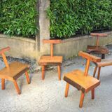 Set of four brutalist chairs and a bench, France, 1960s