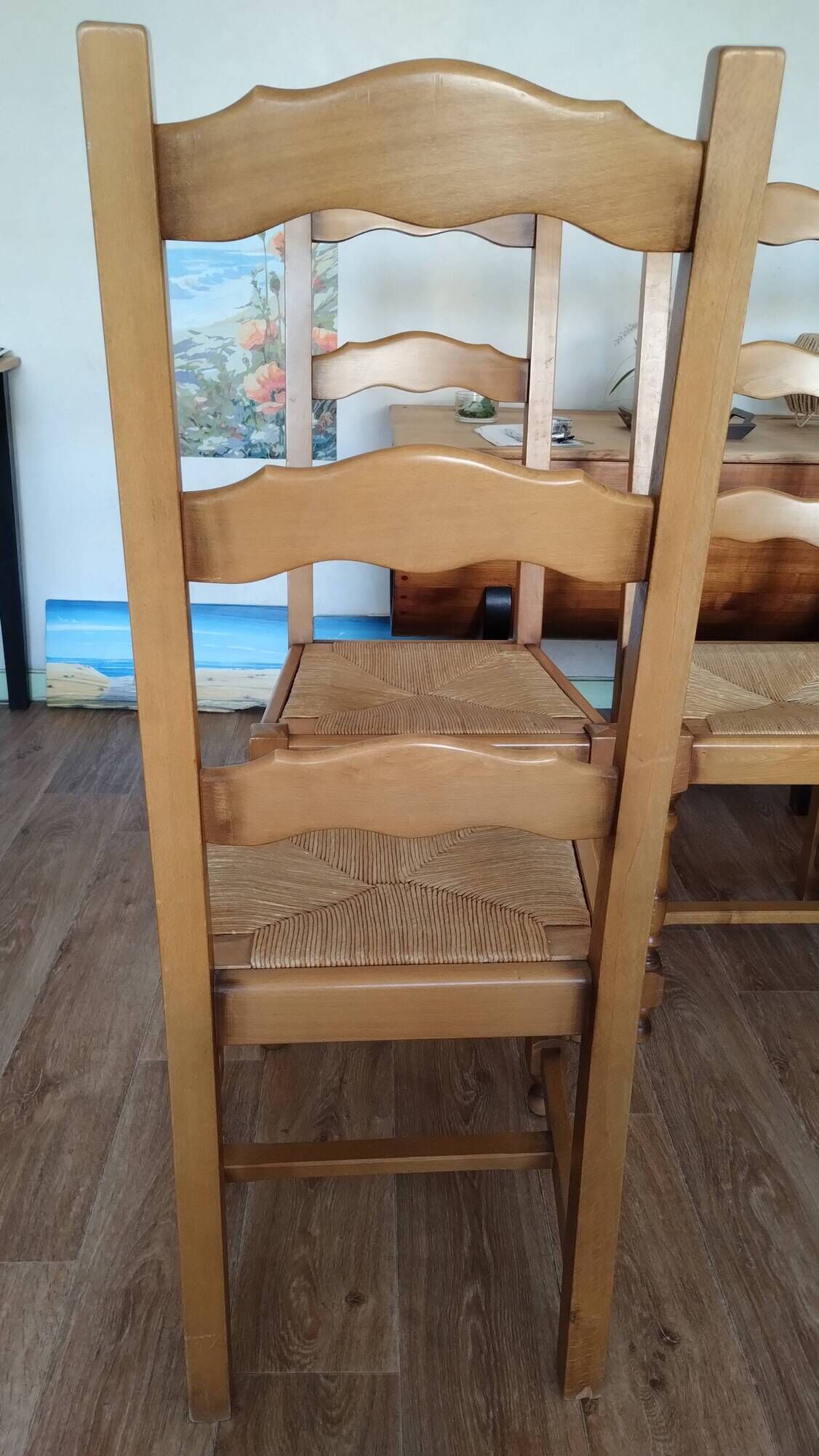 4 chaises dossier haut paillées en bois massif clair style rustique