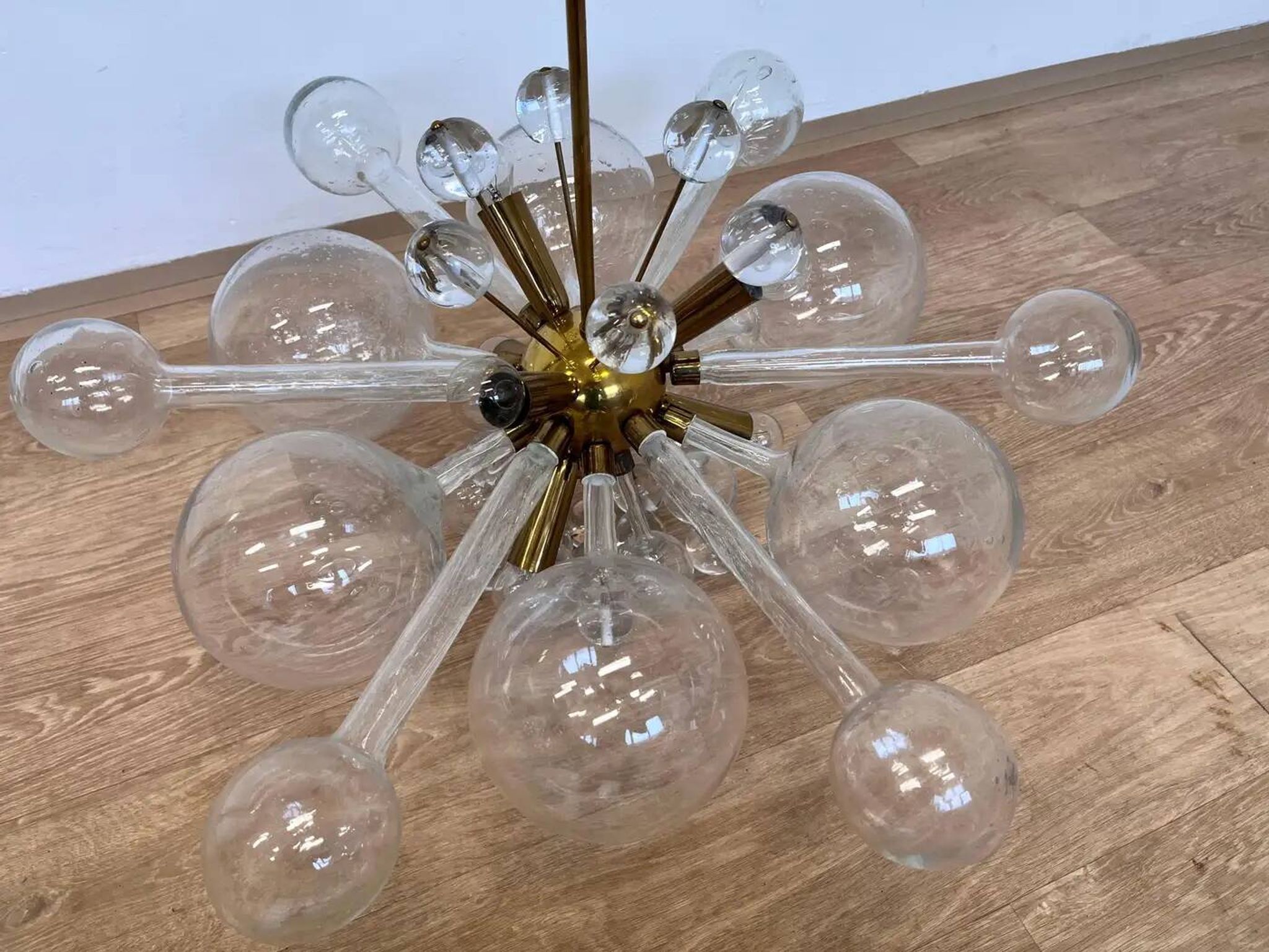 Design art glass and brass chandelier by Rene Roubicek, Czechoslovakia, 1960s