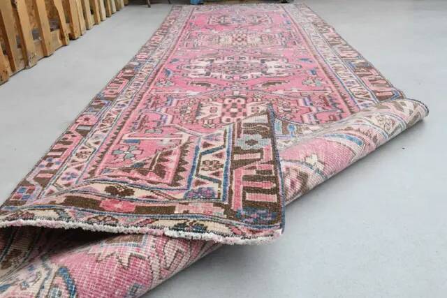 1970s Vintage Turkish Hand-Knotted Wool Cotton Pink Runner Rug 95x320