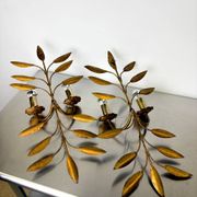 Pair of floral gilded Florentine wall sconces, large mid-century design, Italy 1960s