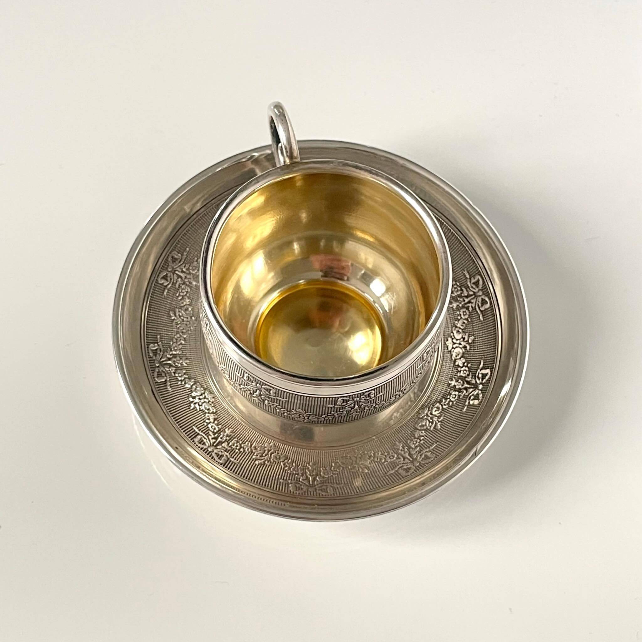Silver Cup and Saucer | 20th Century | Ribbon and Flower Garland