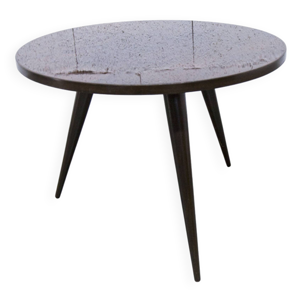 Table basse tripode 1960 scandinave vernis brillant bois acajou