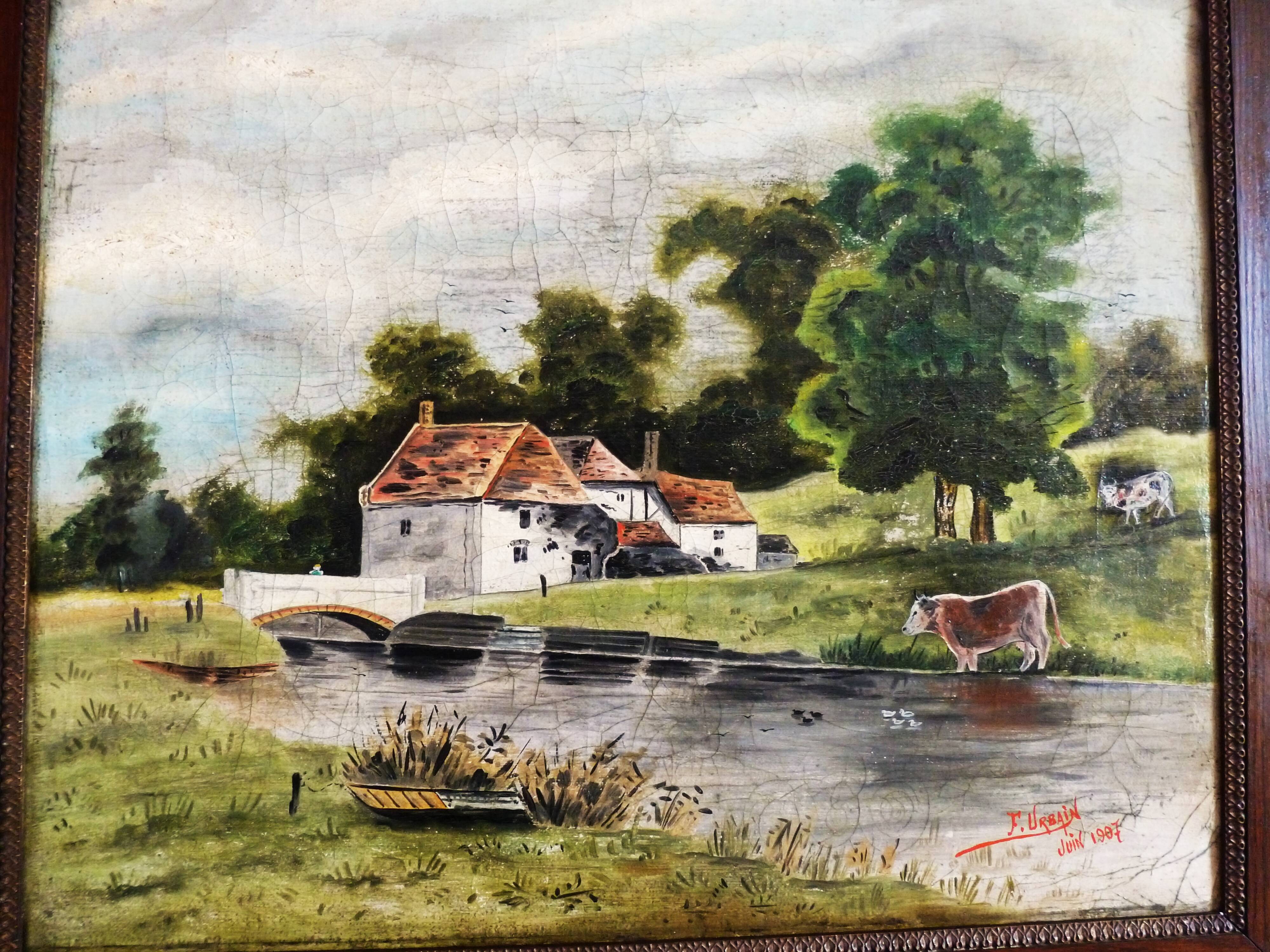 Antique oil painting, vintage bucolic countryside painting.