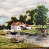 Antique oil painting, vintage bucolic countryside painting.