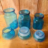Trio of jars apothecary bottle in blue glass with round cap