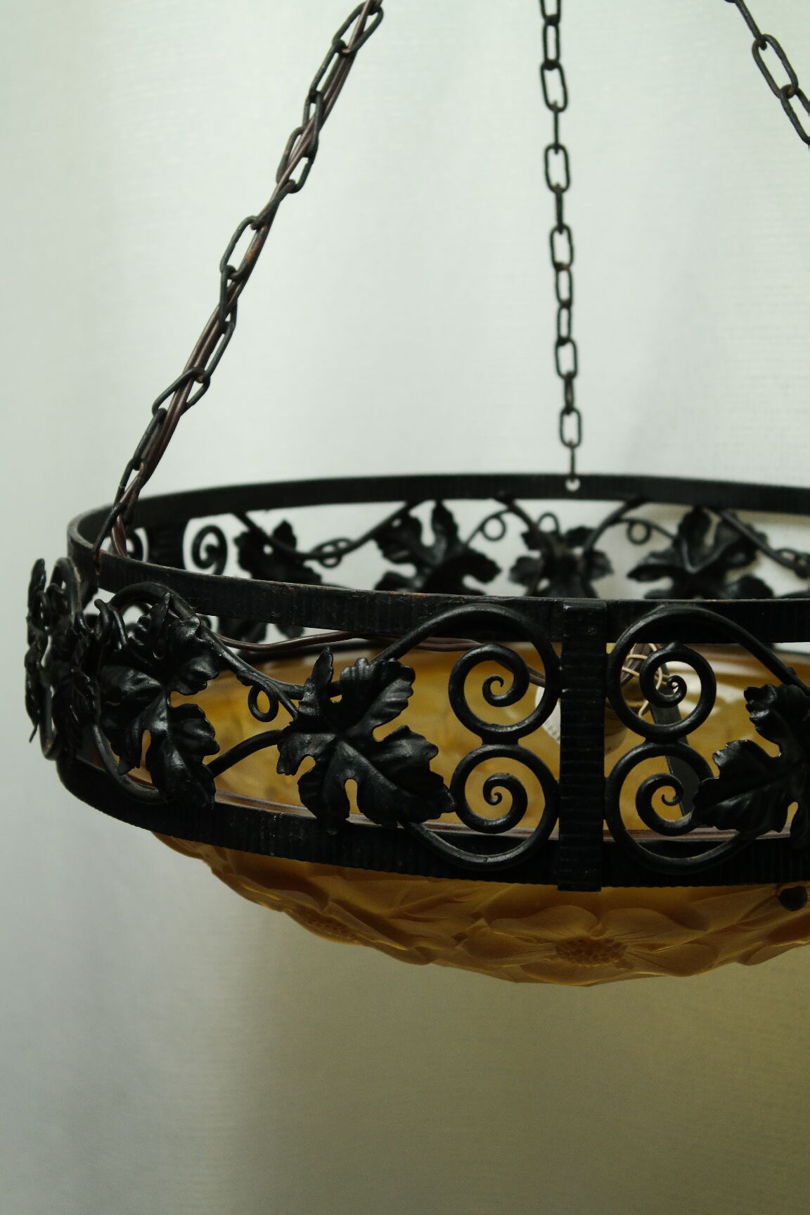 Art Deco wrought iron glass suspension Degué