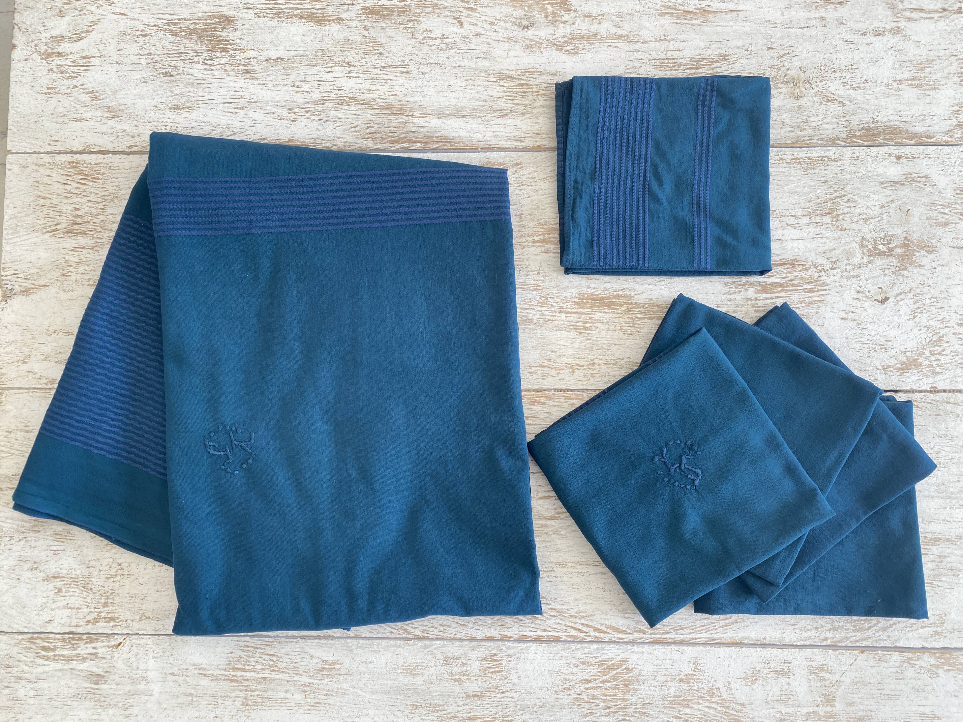 Damask tablecloth and napkins, monogrammed YJ dyed - Cotton - 150x170cm