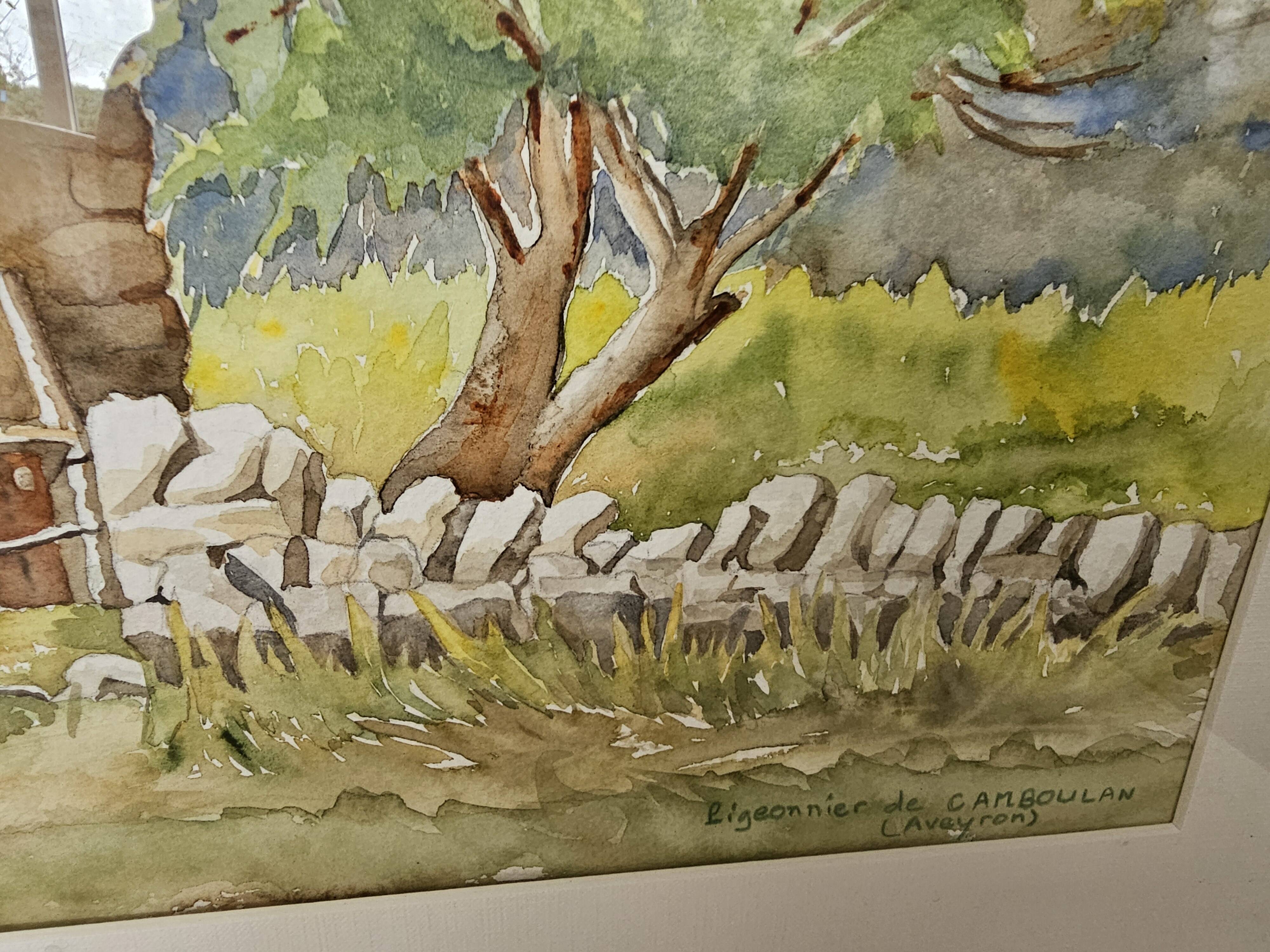 Watercolor of the dovecote of Camboulan Aveyron signed Annick Mesnil