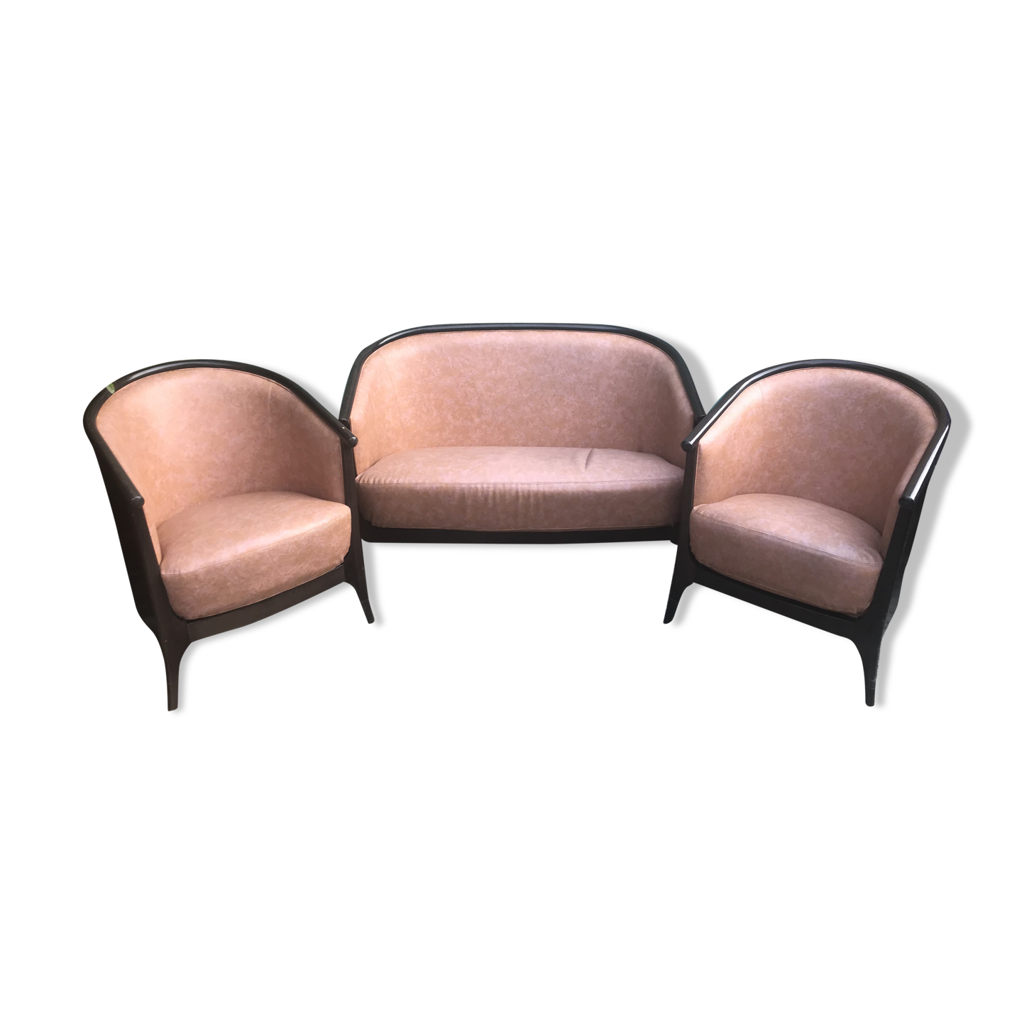 Lot of 2 armchairs and a sofa from Baumann in black wood and marble rose leather